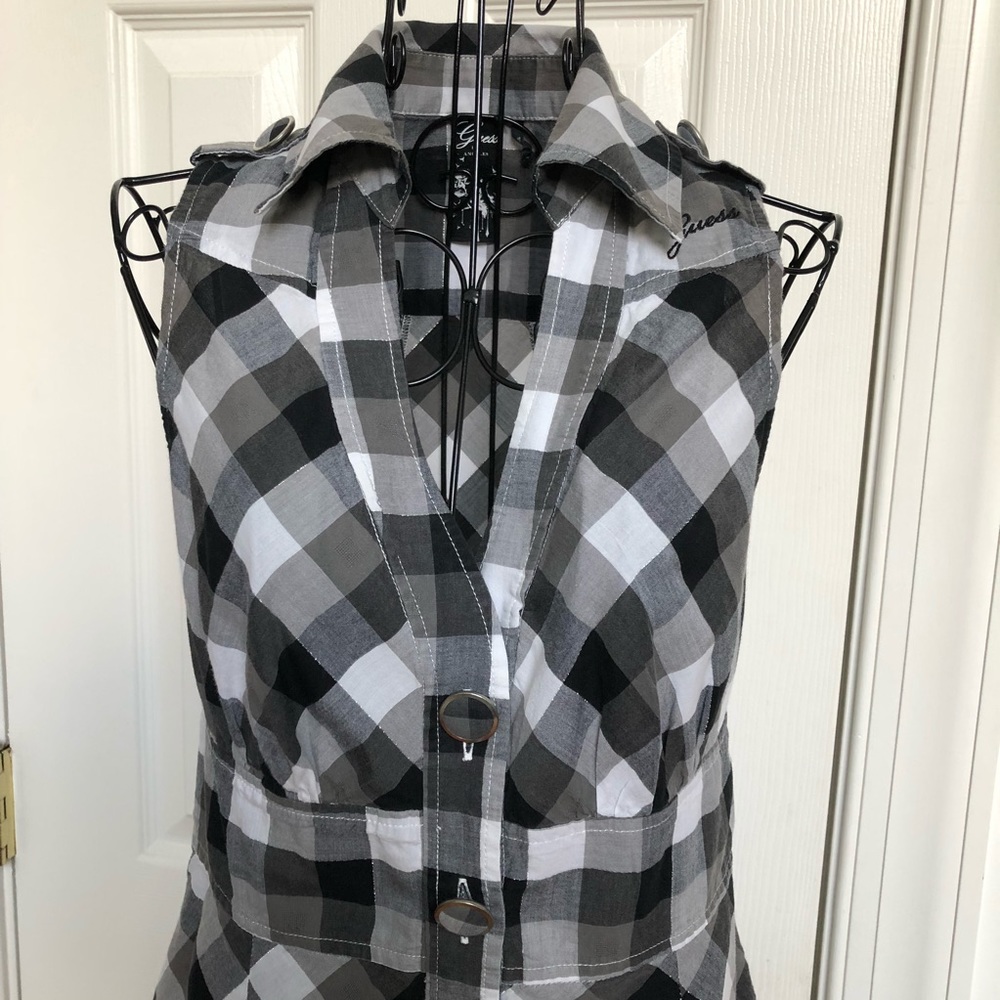 GUESS Los Angeles black grey & white buttoned up sleeveless Dress Medium - Picture 2 of 8